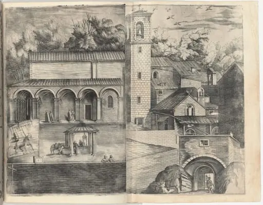 View of the Quadrant: the Main Door, the Square, the Church and the Loggia of the Monastery of the Monte della Vernia (Prospettiva dell'ingresso della prima porta, con la Piazza, Chiesa, & Loggie del Monastero del Monte della Vernia, come sta quest'Anno MDCXII) [plate D], by Jacopo Ligozzi