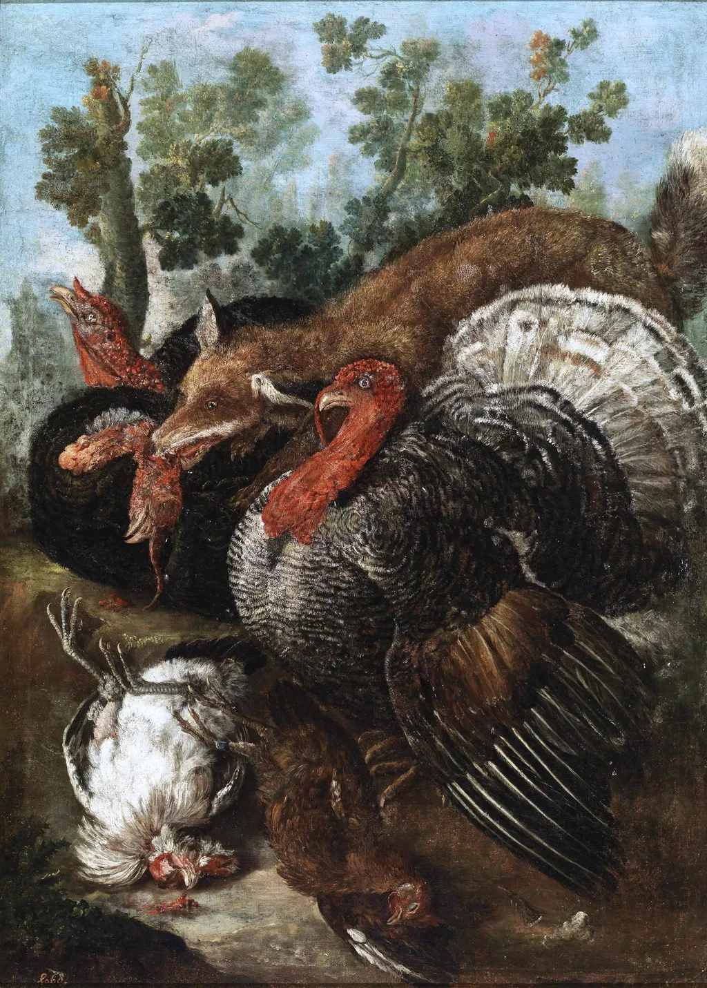 Una zorra devorando aves, by Jacopo Nani, oil, 1701