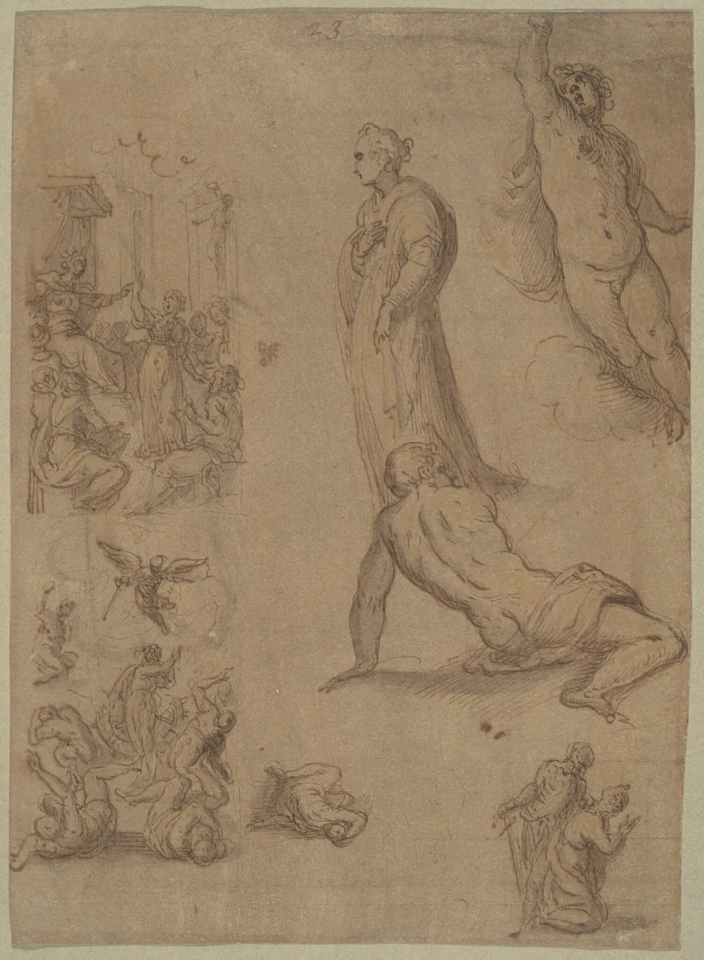 A Sheet of Studies for the Martyrdom of Saint Catherine of Alexandria, by Jacopo Palma il Giovane, ink, 1501