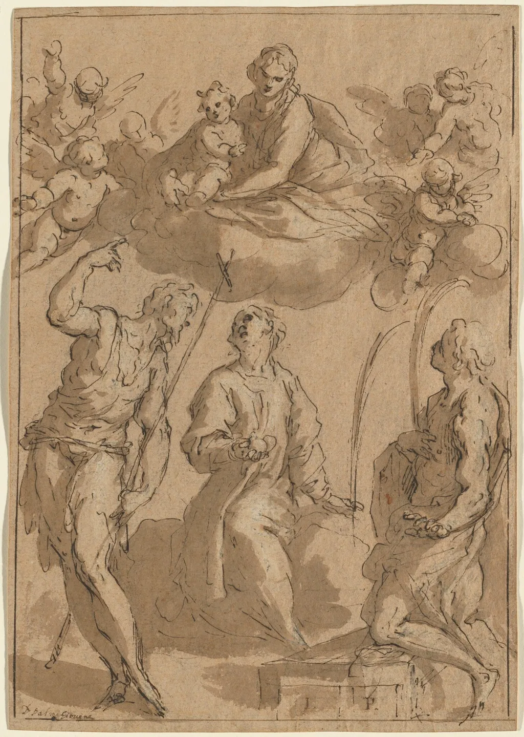 Madonna and Child in Glory with Saints John the Baptist, Stephen, and Lawrence, by Jacopo Palma il Giovane, chalk, 1624