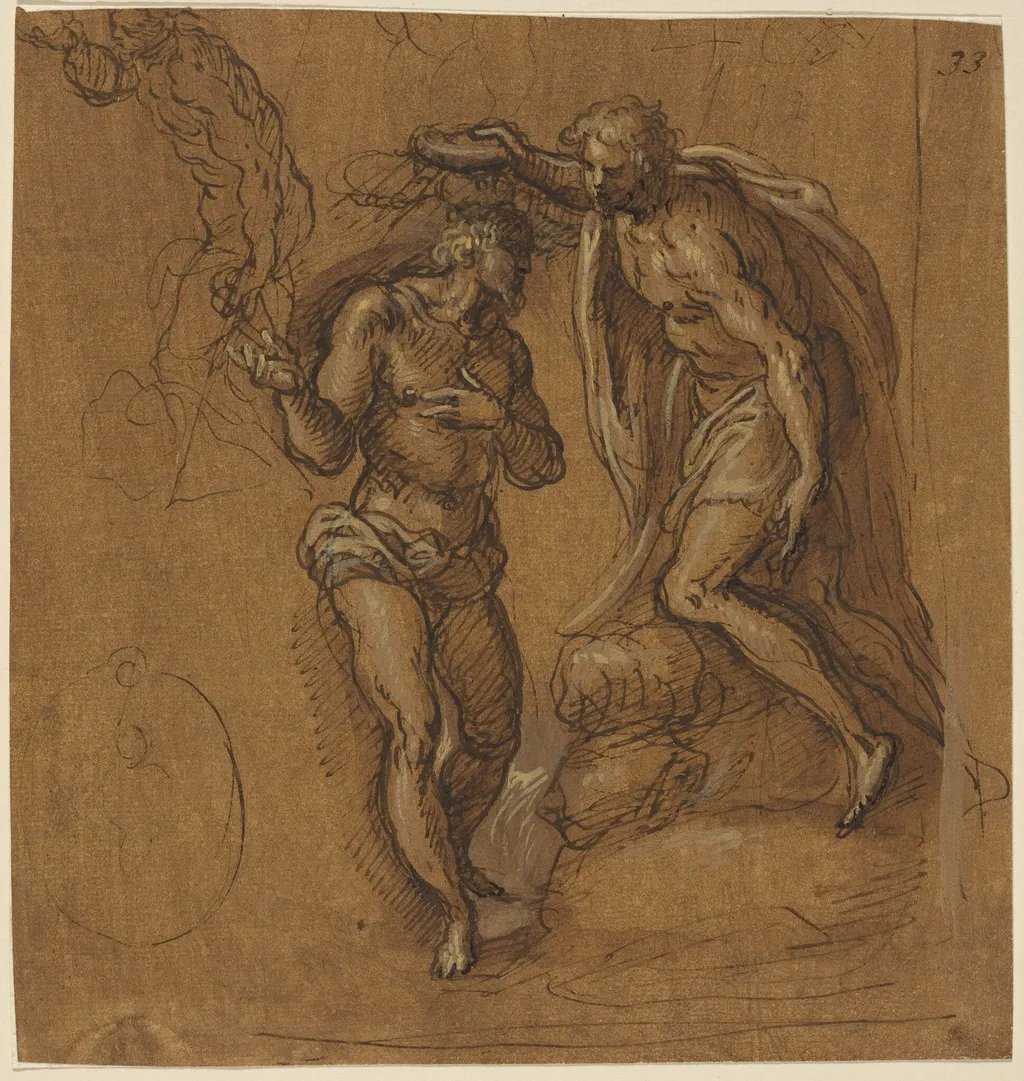 Sketch for a Baptism of Christ, by Jacopo Palma il Giovane, ink, 1588