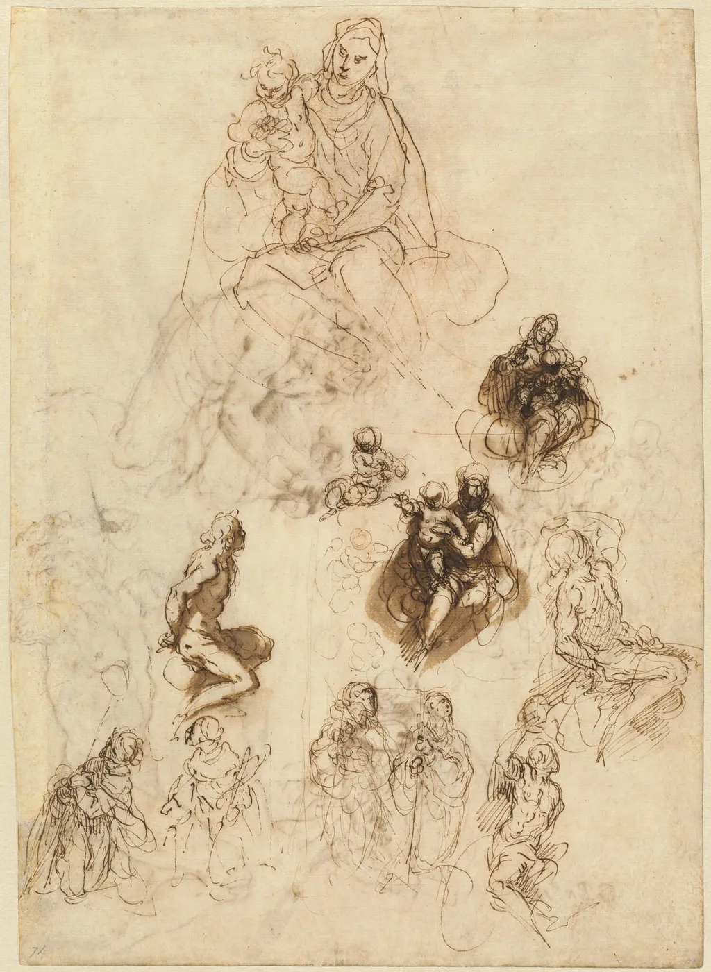 Studies of the Virgin and Child with Saints, by Jacopo Palma il Giovane, ink, 1611