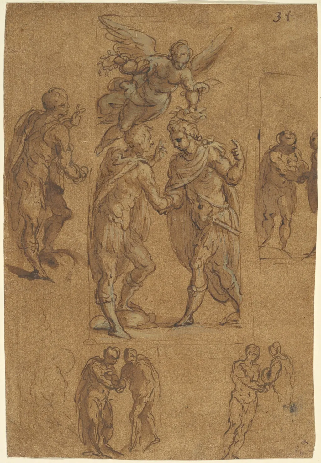 Two Soldiers Crowned by Victory, by Jacopo Palma il Giovane, ink, 1580