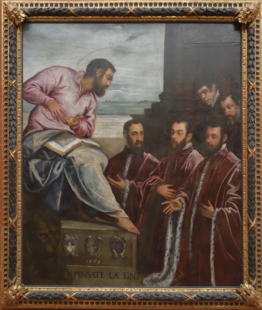 Three Venetian city chamberlains before St. Mark, by Jacopo Tintoretto, paint, 1571