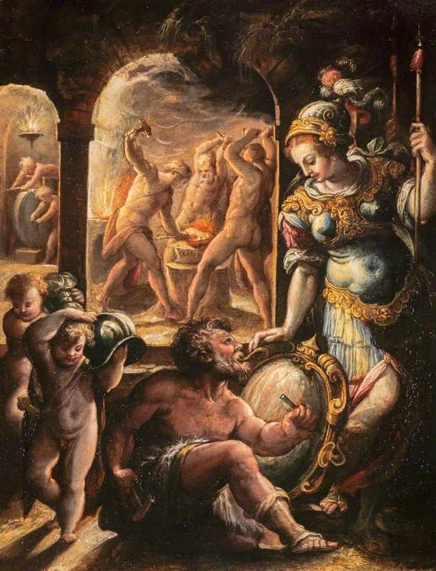 Minerva at the Forge of Vulcan, by Jacopo Zucchi, unspecified, 1590