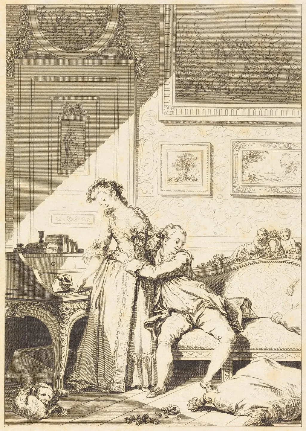 A femme avare galant escroc, by Jacques Aliamet, ink, 1757