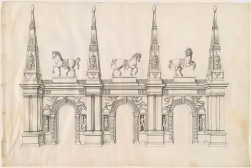 A Triumphal Arch with Caparisoned Horses and Ornamented Pinnacles, by Jacques Androuet du Cerceau
