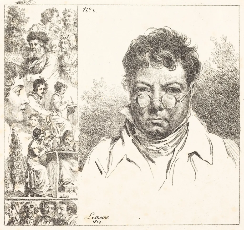 Self-Portrait and Other Heads, by Jacques Antoine Marie Lemoine, ink, 1819