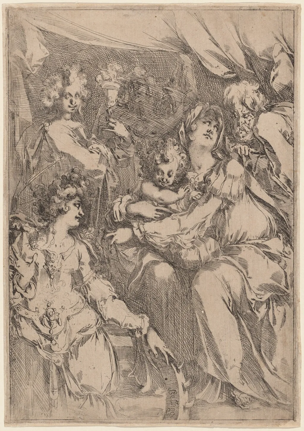 The Holy Family with Saint Catherine, Saint John the Evangelist, and an Angel, by Jacques Bellange, ink, 1614