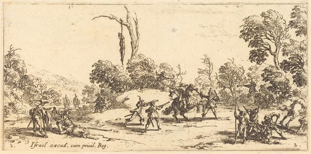 Attacking Travelers on the Highway, by Jacques Callot, ink, 1633
