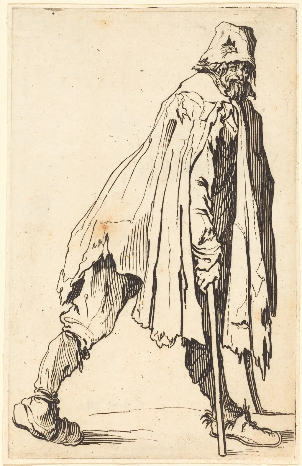 Beggar with Crutches and Cap, by Jacques Callot, ink, 1622