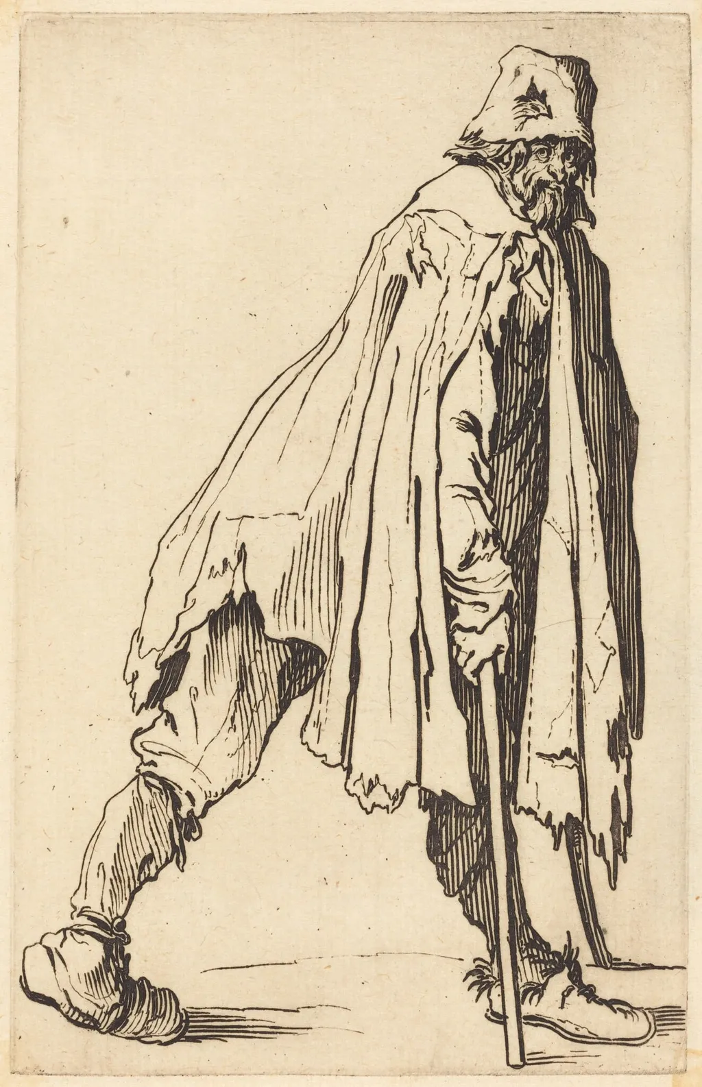 Beggar with Crutches and Cap, by Jacques Callot, ink, 1622