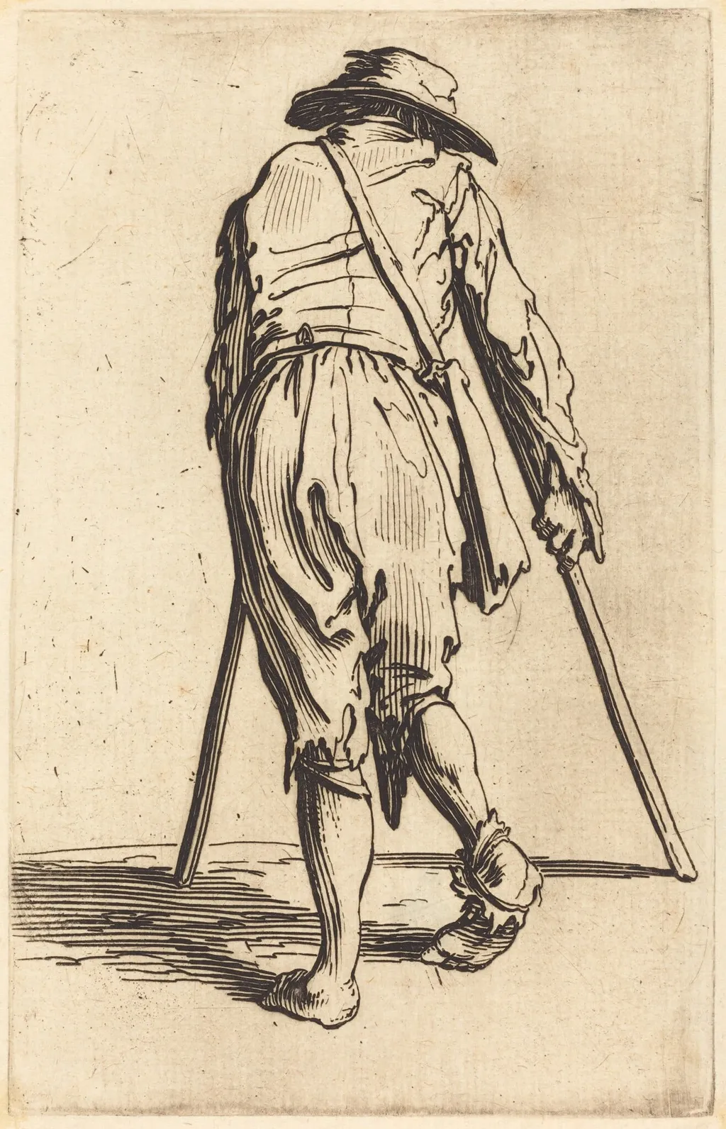 Beggar with Crutches and Hat, Back View, by Jacques Callot, ink, 1622