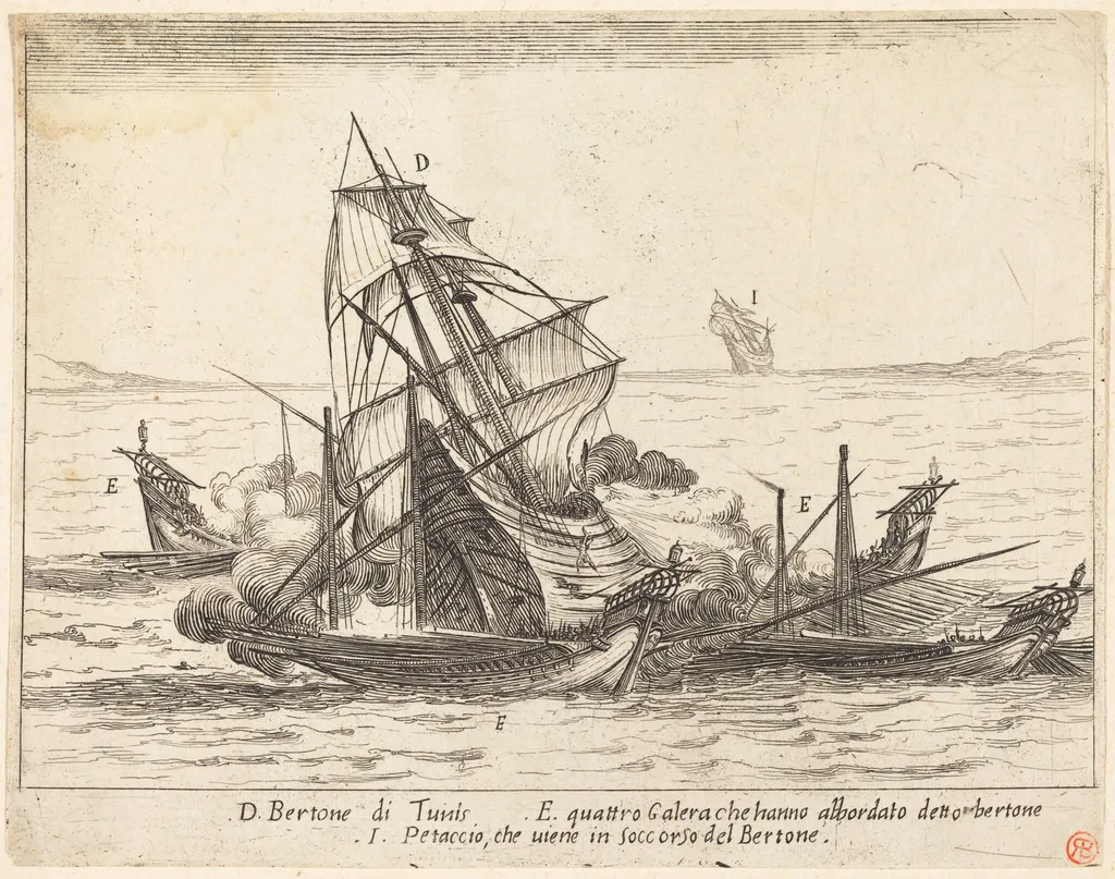 Boarding of the Bertone, by Jacques Callot, ink, 1617