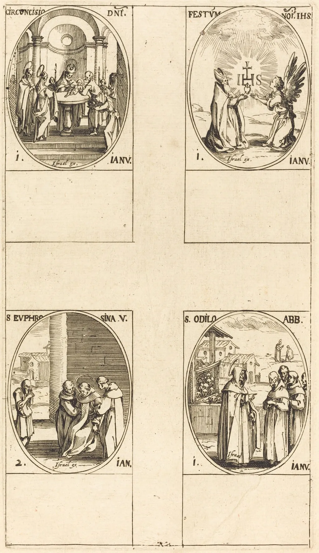 Circumcision; Festival of Name of Christ; St. Odilo; St. Euphrosyna, by Jacques Callot, ink, 1634