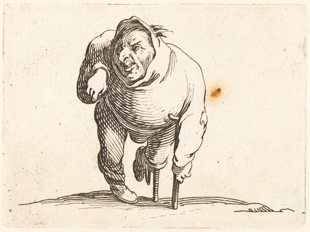 Cripple with Crutch and Wooden Leg, by Jacques Callot, ink, 1622