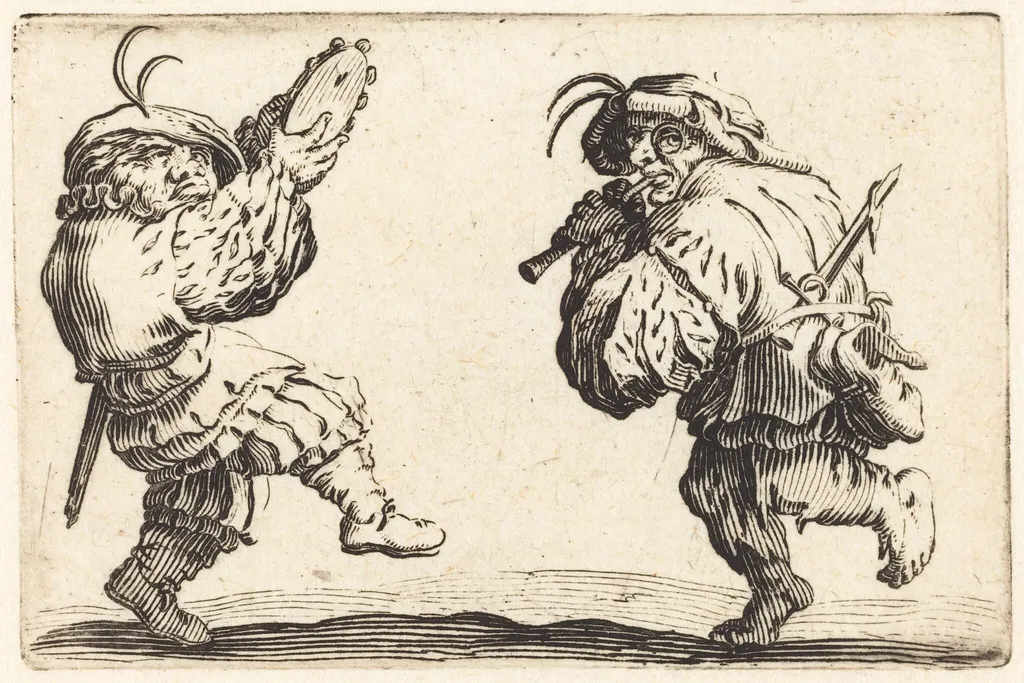 Dancers with Flute and Tambourine, by Jacques Callot, ink, 1622
