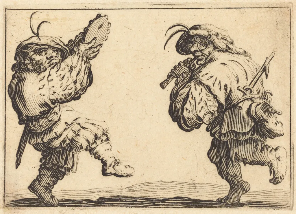 Dancers with Flute and Tambourine, by Jacques Callot, ink, 1617