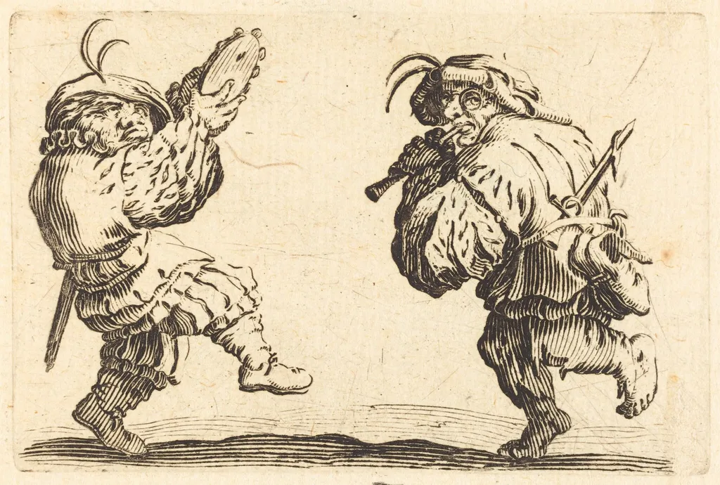 Dancers with Flute and Tambourine, by Jacques Callot, ink, 1622