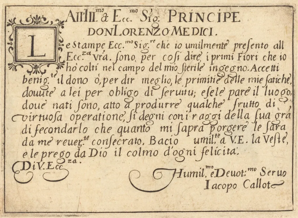 Dedication to Don Lorenzo de' Medici, by Jacques Callot, ink, 1617