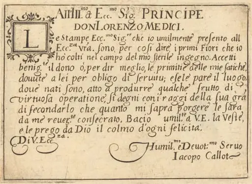 Dedication to Don Lorenzo de' Medici, by Jacques Callot