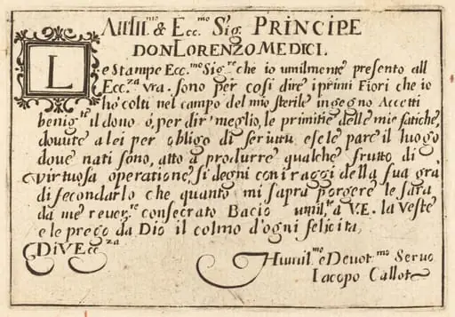 Dedication to Don Lorenzo de' Medici, by Jacques Callot