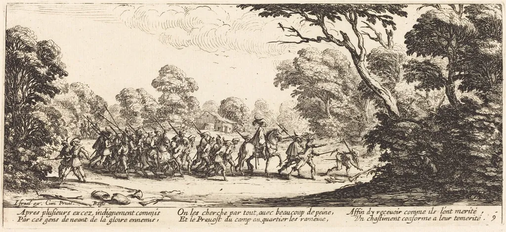 Discovery of the Criminal Soldiers, by Jacques Callot, ink, 1633