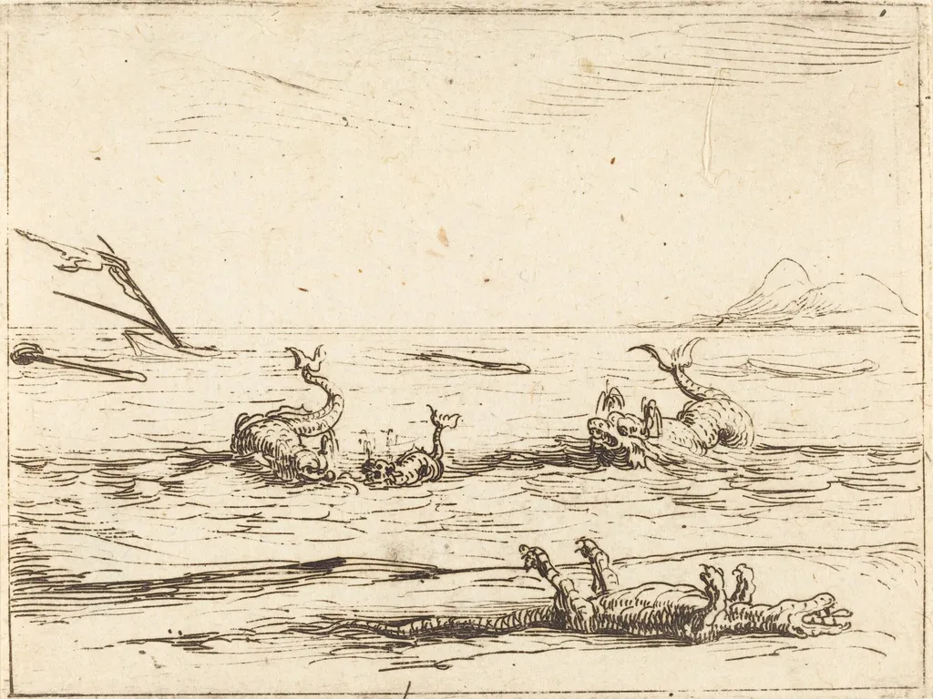 Dolphins and Crocodile, by Jacques Callot, ink, 1628