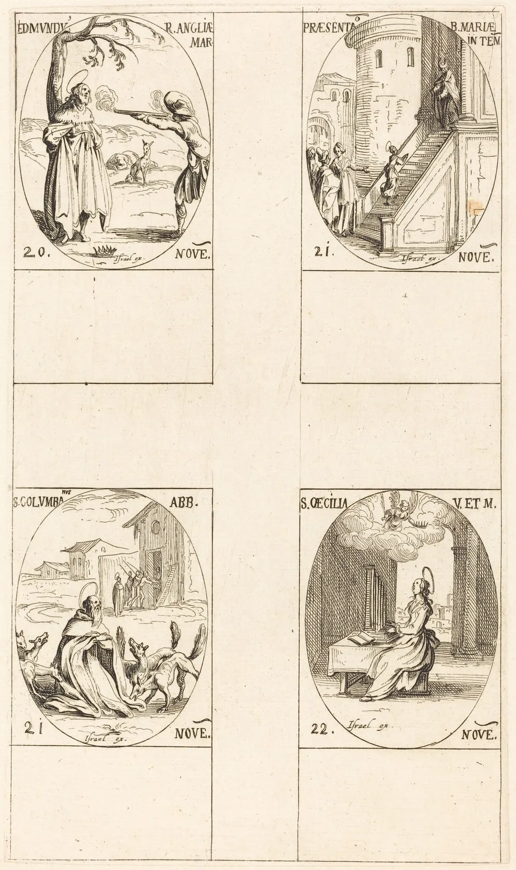 Edmund, King of England, Martyr; Presentation of the Virgin; St. Columban; St. Cecelia, by Jacques Callot, ink, 1634