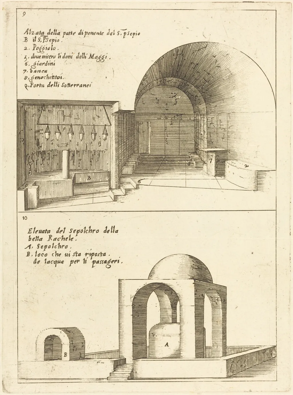 Elevations of the Holy Manger and the Sepulchre of Rachel, by Jacques Callot, ink, 1619