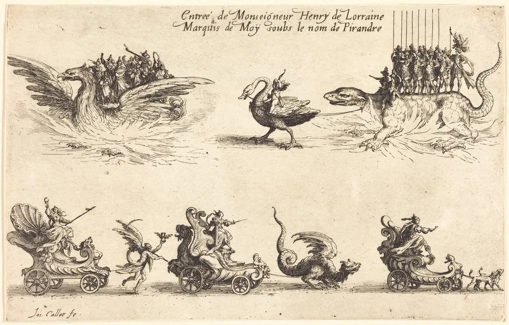 Entry of Monseigneur Henry de Lorraine, Marquis de Moy, under the Name of Pirandre, by Jacques Callot, ink, 1627