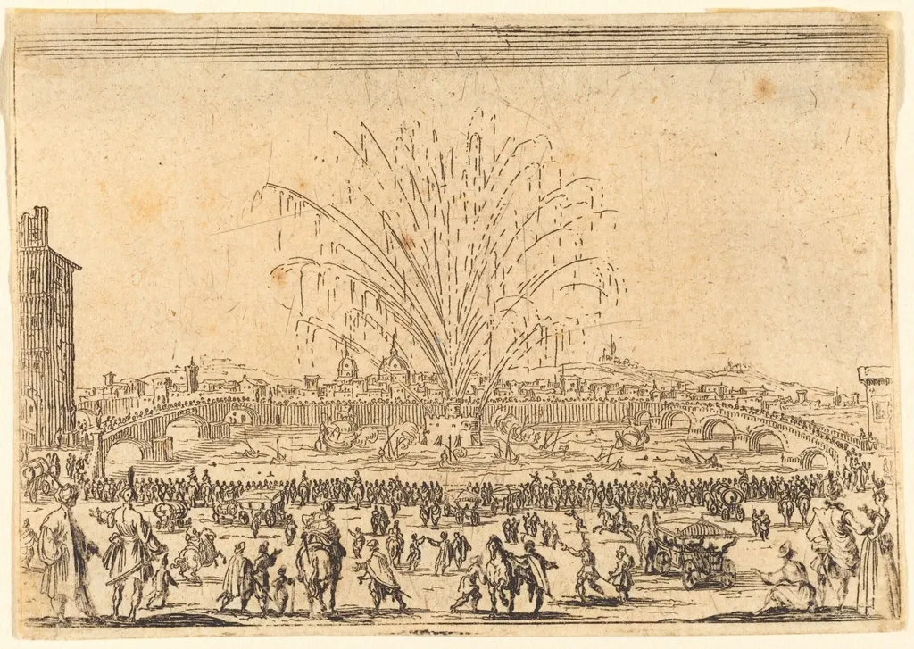 Fireworks on the Arno, Florence, by Jacques Callot, ink, 1622