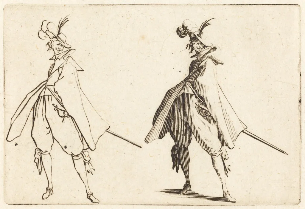 Gentleman in Large Mantle, Front View, by Jacques Callot, ink, 1622