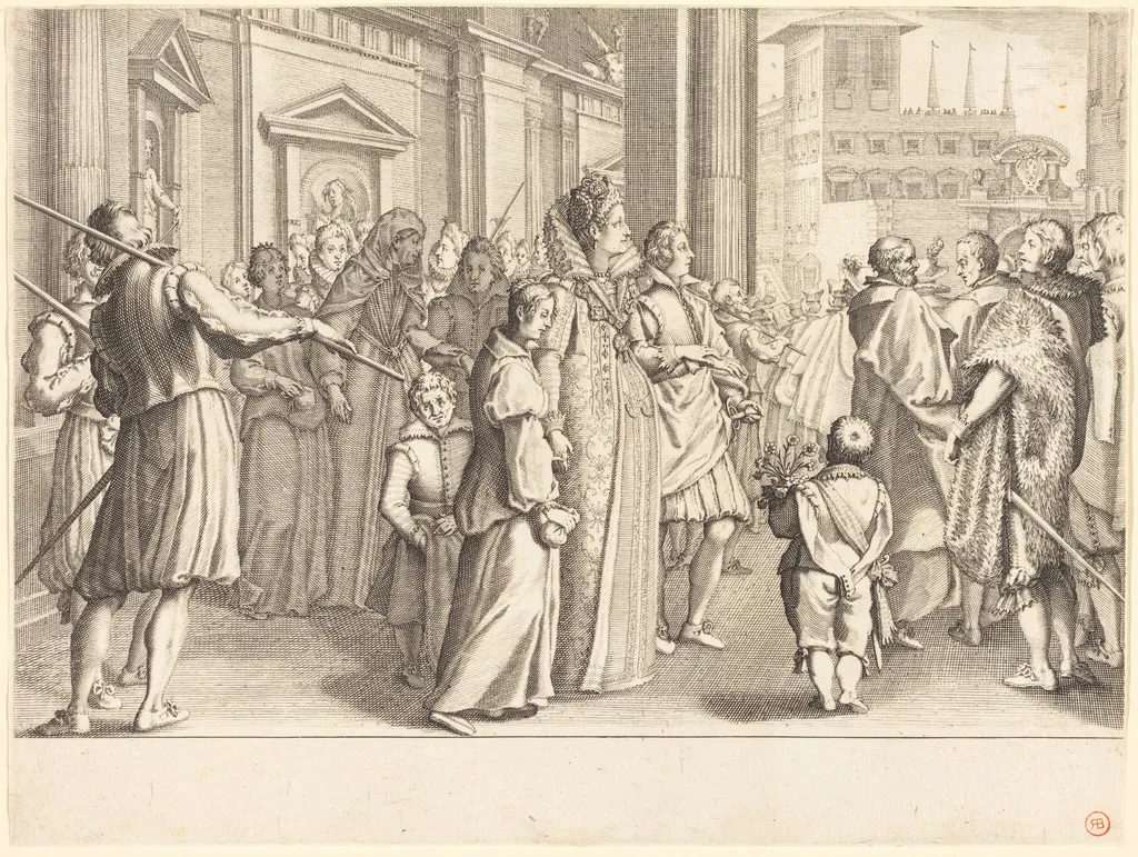 Grand Duchess at the Procession of the Young Girls, by Jacques Callot, ink, 1614