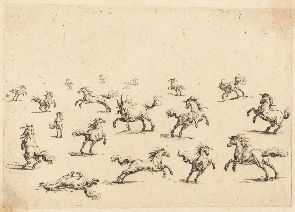 Horses Running, by Jacques Callot, ink, 1617