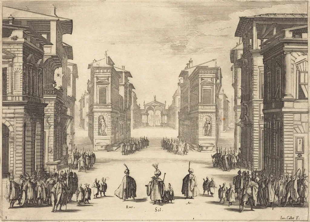 Il Solimano, Act I, by Jacques Callot, ink, 1620