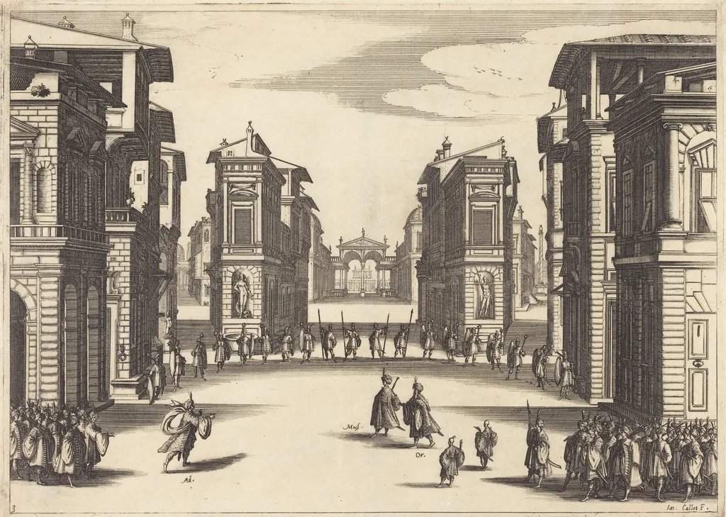 Il Solimano, Act III, by Jacques Callot, ink, 1620