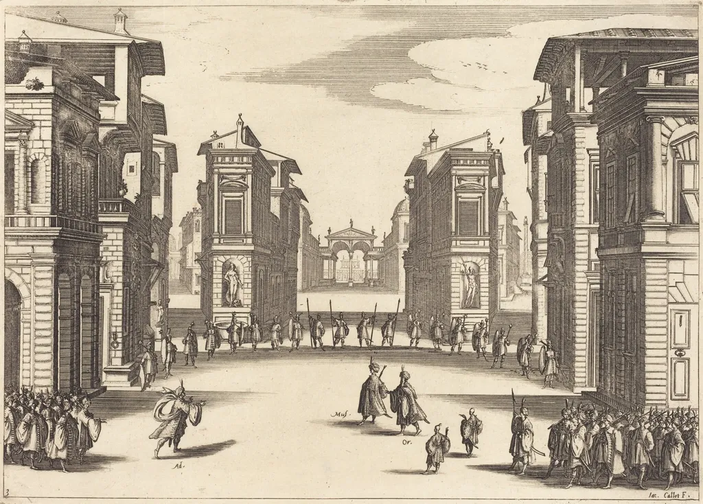Il Solimano, Act III, by Jacques Callot, ink, 1620