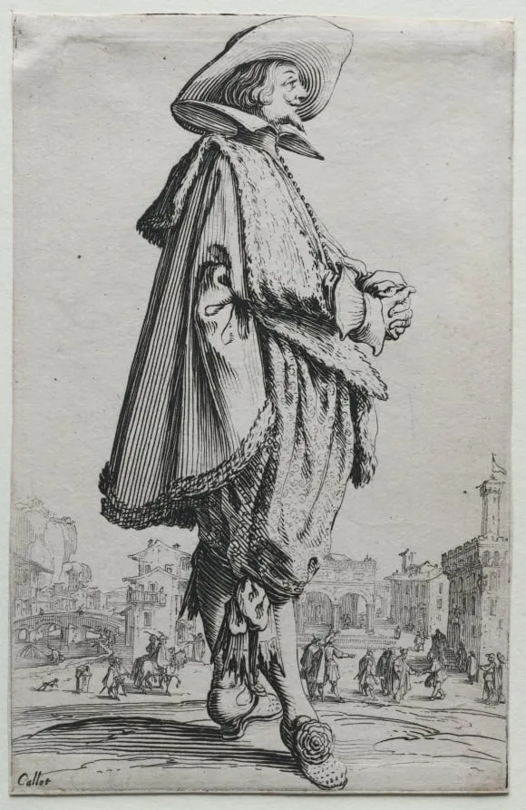 La Noblesse: Gentleman Standing in Profile with Clasped Hands, by Jacques Callot, 1622