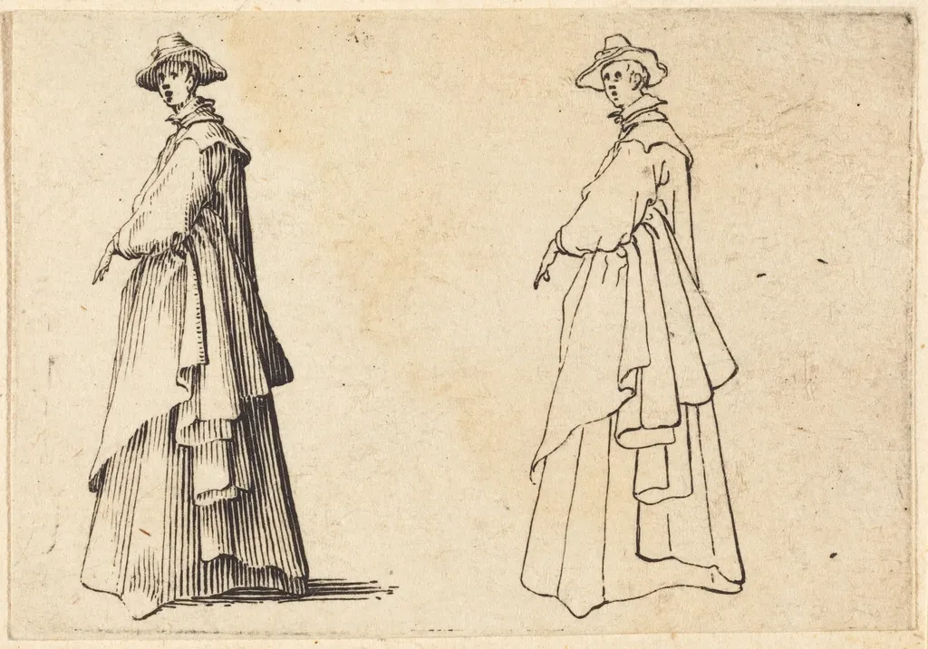 Lady in a Large Coat, by Jacques Callot, ink, 1617