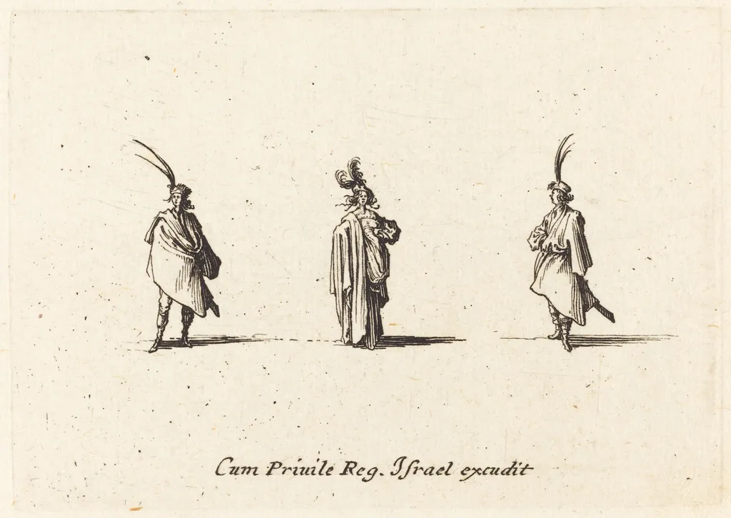 Lady in Long Cloak, and Two Gentlemen, by Jacques Callot, ink, 1634