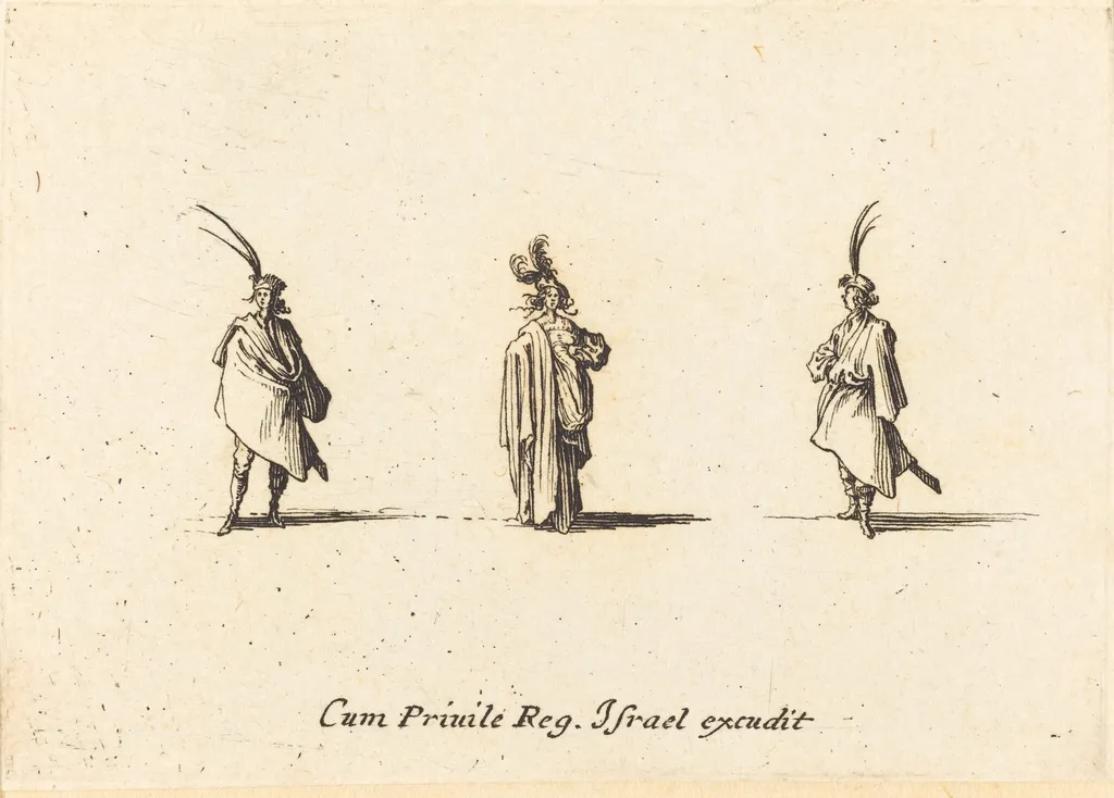 Lady in Long Cloak, and Two Gentlemen, by Jacques Callot, ink, 1634