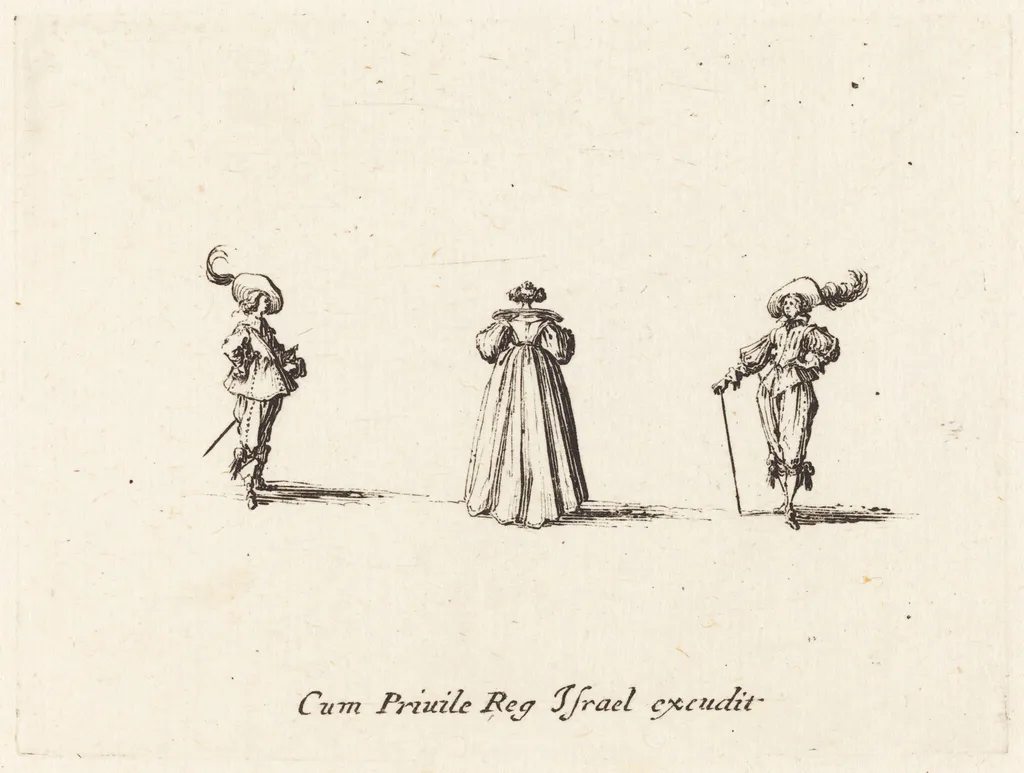 Lady Seen from Behind, and Two Gentlemen, by Jacques Callot, ink, 1634