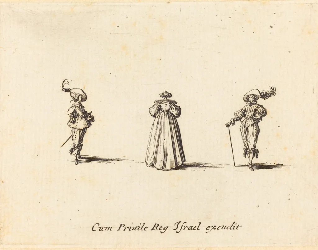 Lady Seen from Behind, and Two Gentlemen, by Jacques Callot, ink, 1634