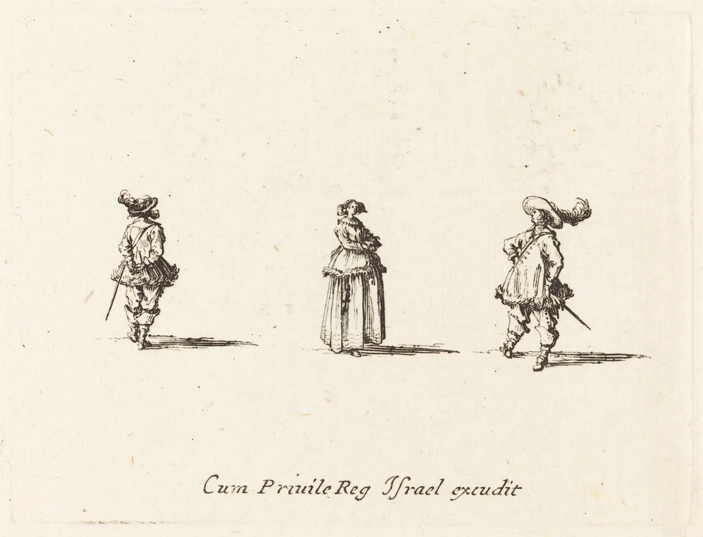 Lady with Arms Folded, and Two Gentlemen, by Jacques Callot, ink, 1634