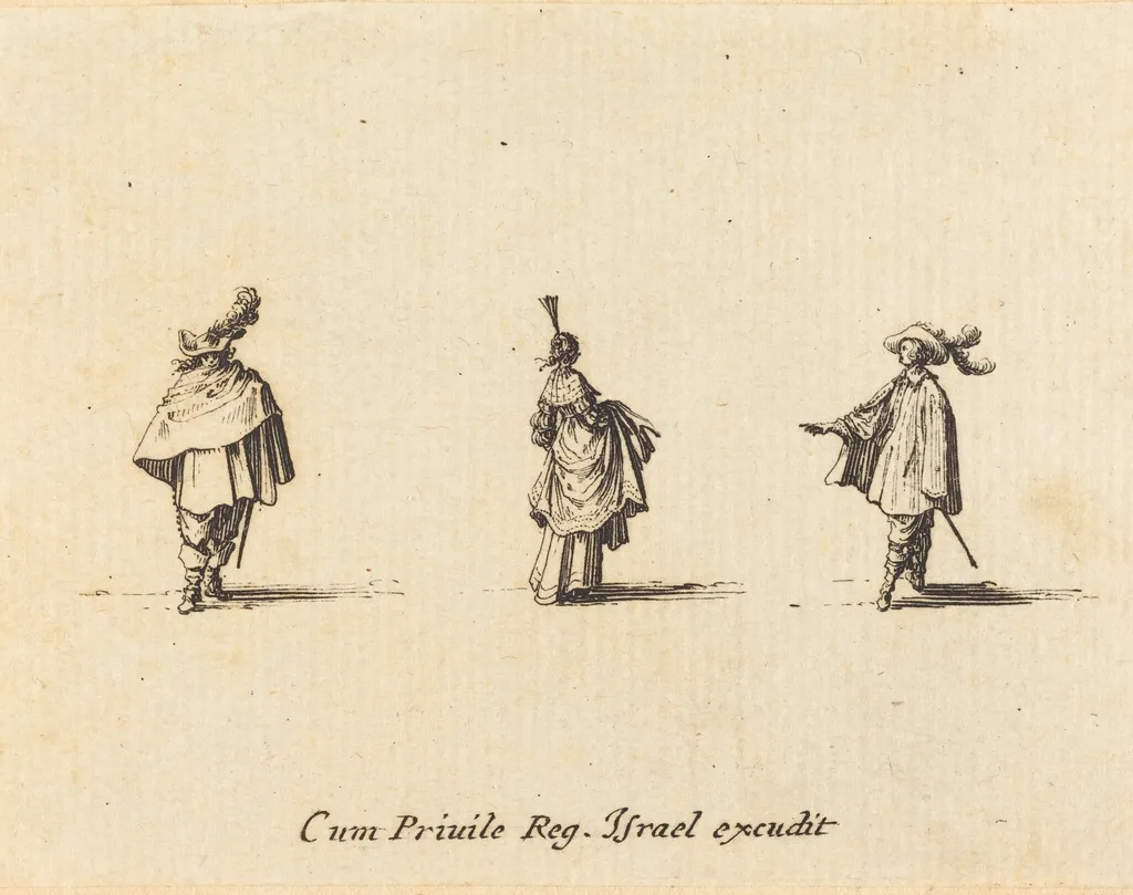Lady with Dress Gathered Up, and Two Gentlemen, by Jacques Callot, ink, 1634