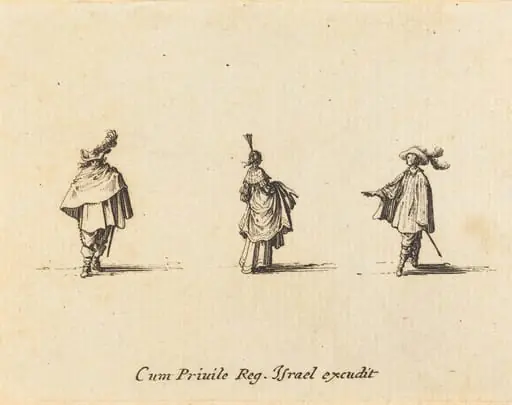 Lady with Dress Gathered Up, and Two Gentlemen, by Jacques Callot