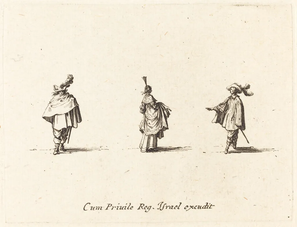 Lady with Dress Gathered Up, and Two Gentlemen, by Jacques Callot, ink, 1634