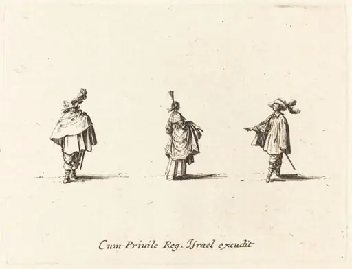 Lady with Dress Gathered Up, and Two Gentlemen, by Jacques Callot