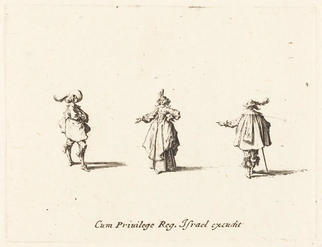 Lady with Outstretched Arm, and Two Gentlemen, by Jacques Callot, ink, 1634